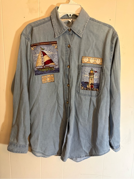 Better things Tops - 90s Better Things Nautical Denim Button Up Shirt Lighthouse Teacher Grandma VTG